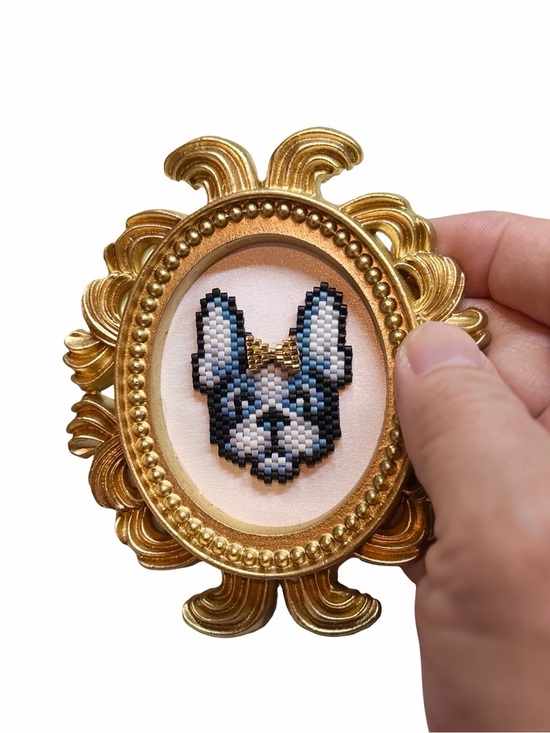 Hand Crafted Other - French Bulldog Beaded Art • Tiny Framed Dog Portrait • Gold Frame Decor